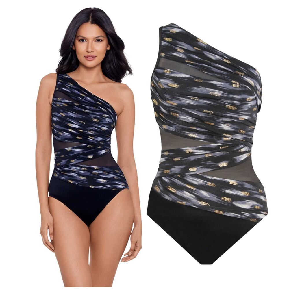 Miraclesuit NWT Network Jena One Piece Swimsuit Black Gray Gold Sz 14 Shelf Bra